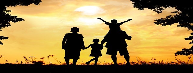 Silhouette, group of happy children playing on meadow, sunset, s